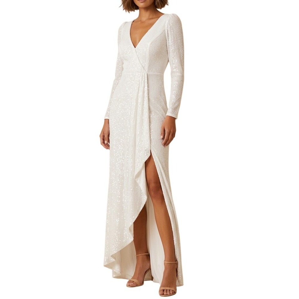 Mac Duggal Gown Women Size 8 White Long Sleeve‎ Sequin Glam Wedding 26395 NWT